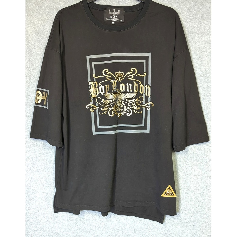 NWOT BOY LONDON Black Oversized Graphic T-shirt M Gold Eagle Logo Side Slits